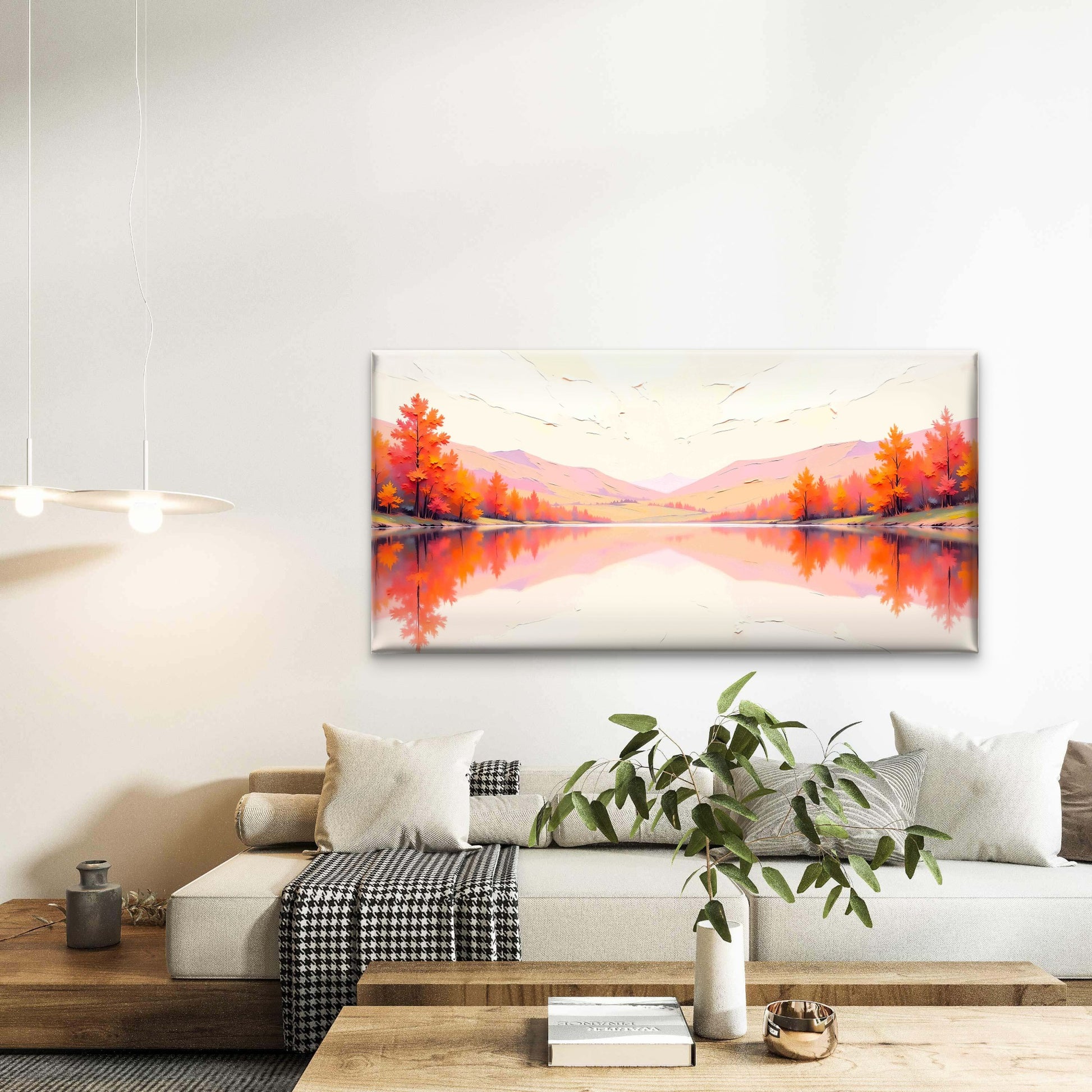 Fall Lake Reflection Mountain Wall Art Canvas Office Home Room Framed 120x60 cm - Bella Home Decor