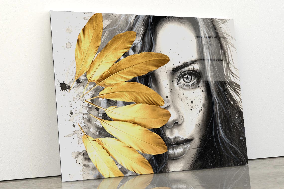 Gold Feathers Girl Acrylic Glass Print Tempered Glass Wall Art 100% Made in Australia Ready to Hang