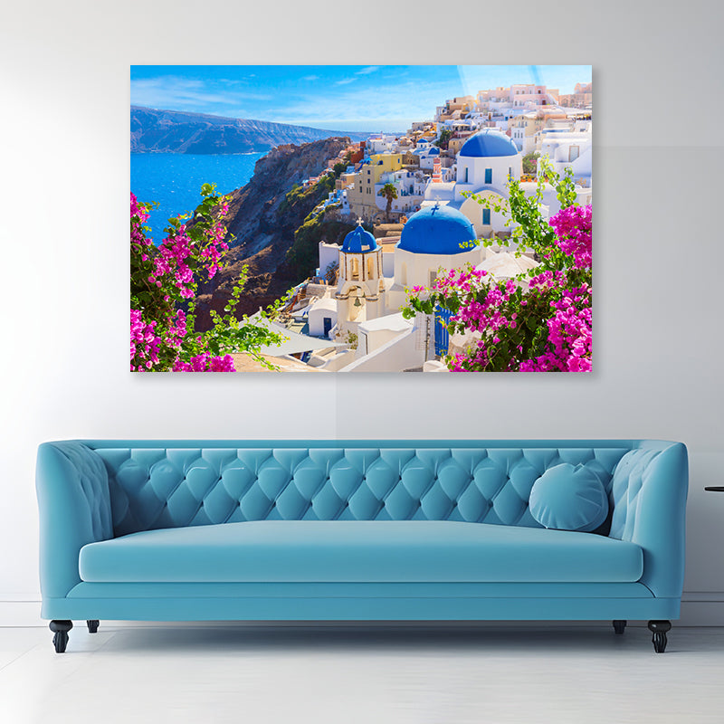 Buildings of Oia Town and Flowers Acrylic Glass Print Tempered Glass Wall Art 100% Made in Australia Ready to Hang - Bella Home Decor
