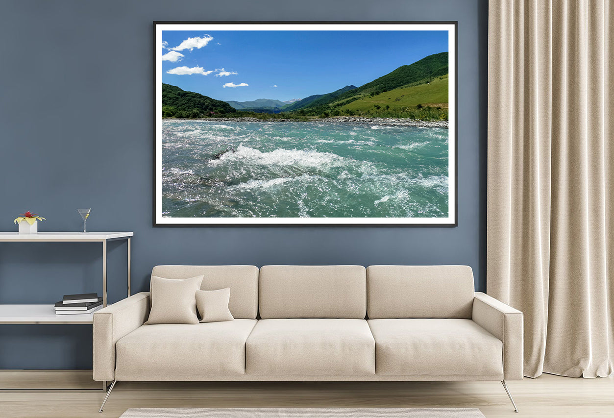 A River Flowing Through Green Hills with Mountains Home Decor Premium Quality Poster Print Choose Your Sizes