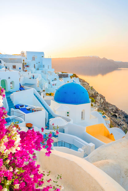 Church in Oia Santorini Sunset Bougainvillea Sunset Wall Art Decor 100% Australian Made