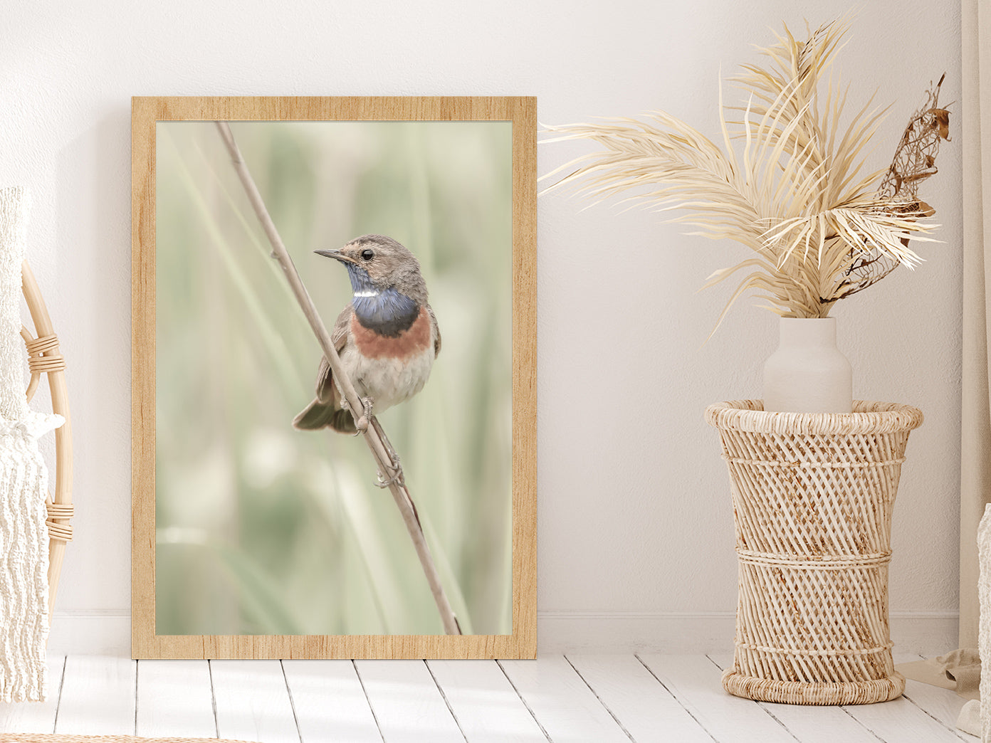 Bluethroat Bird on Branch Photograph Glass Framed Wall Art, Ready to Hang Quality Print Without White Border Oak