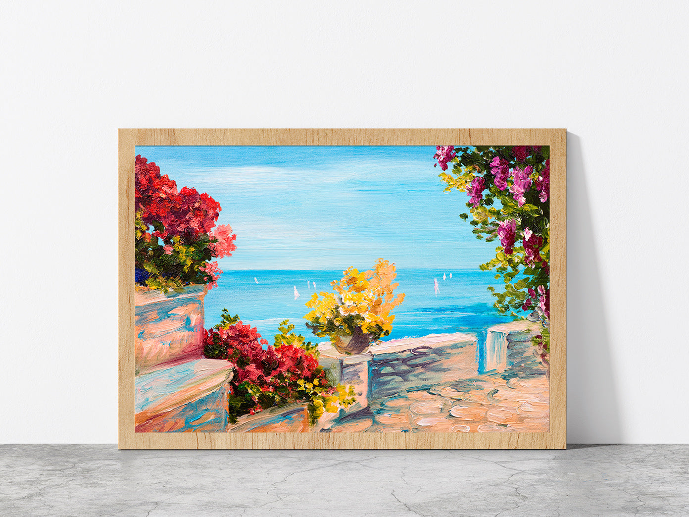 Terrace Near The Sea & Flowers Glass Framed Wall Art, Ready to Hang Quality Print Without White Border Oak