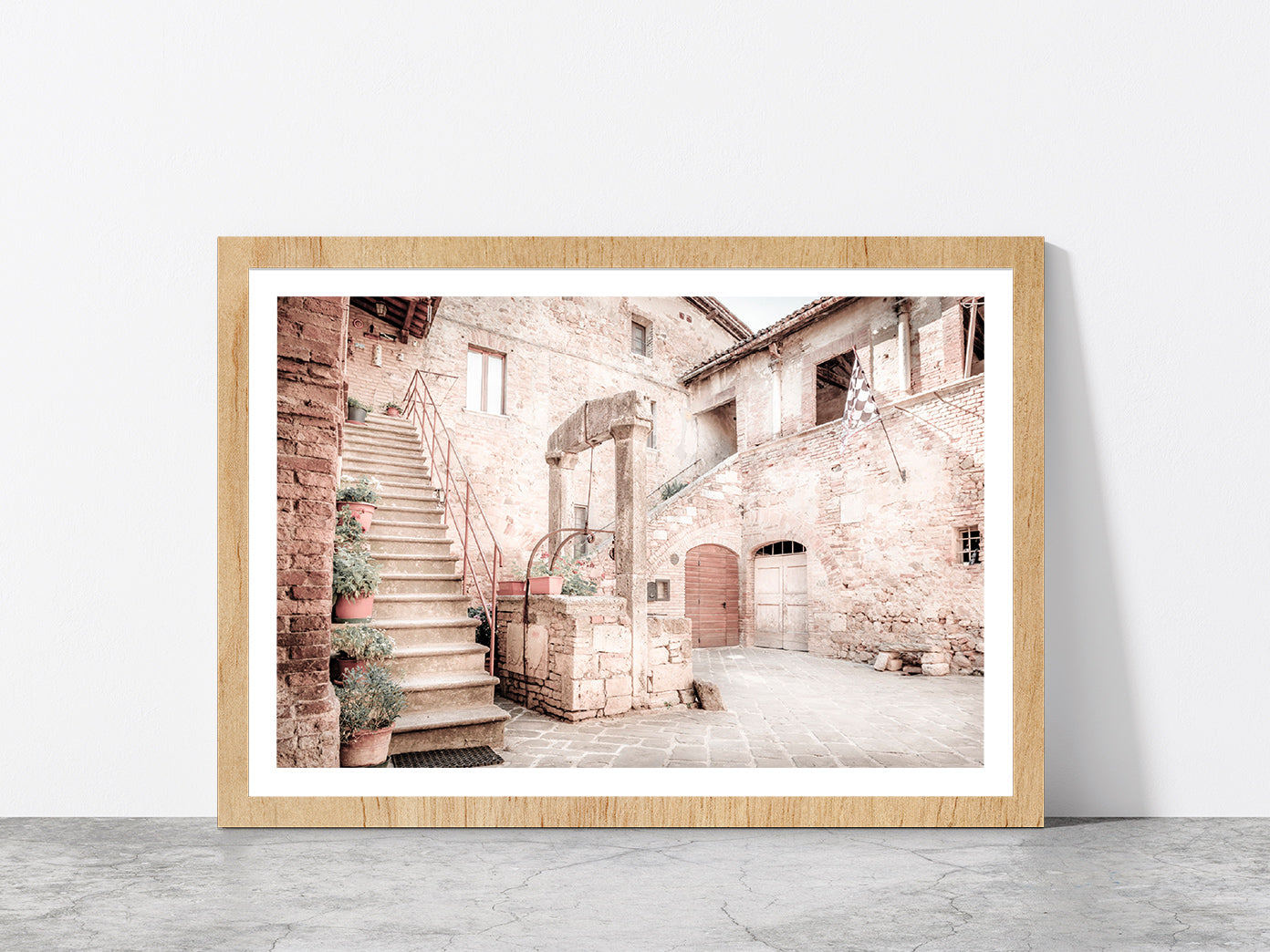 Antique Well San Quirico D'orcia Town Faded View Glass Framed Wall Art, Ready to Hang Quality Print With White Border Oak