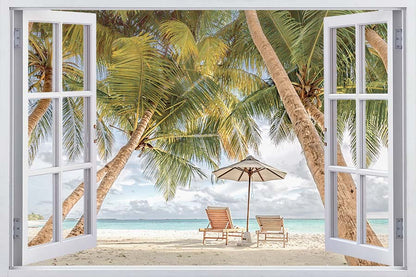 Beach Scenery Palms and Sun Beds with Window Print 100% Australian Made