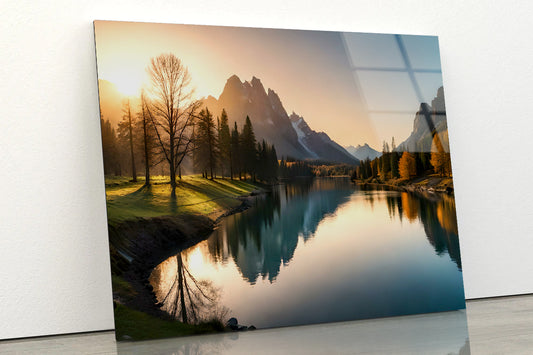 Lake, Trees, and Mountains Acrylic Glass Print Tempered Glass Wall Art 100% Made in Australia Ready to Hang