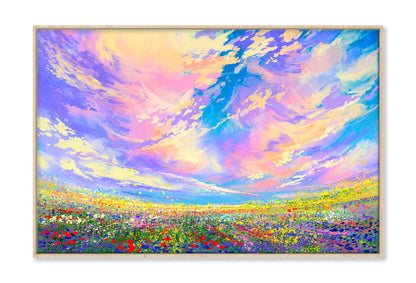 Colorful Flowers In Field Under Beautiful Clouds Oil Painting Wall Art Limited Edition High Quality Print Canvas Box Framed Natural