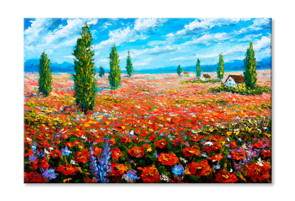 Flower Painting Field of Red Poppies Wall Art Limited Edition High Quality Print Stretched Canvas None