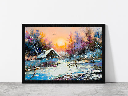 Rural Winter & Sunrise Landscape Painting Glass Framed Wall Art, Ready to Hang Quality Print Without White Border Black