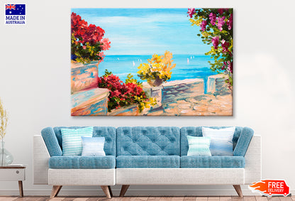 Terrace Near The Sea & Flowers Oil Painting Wall Art Limited Edition High Quality Print