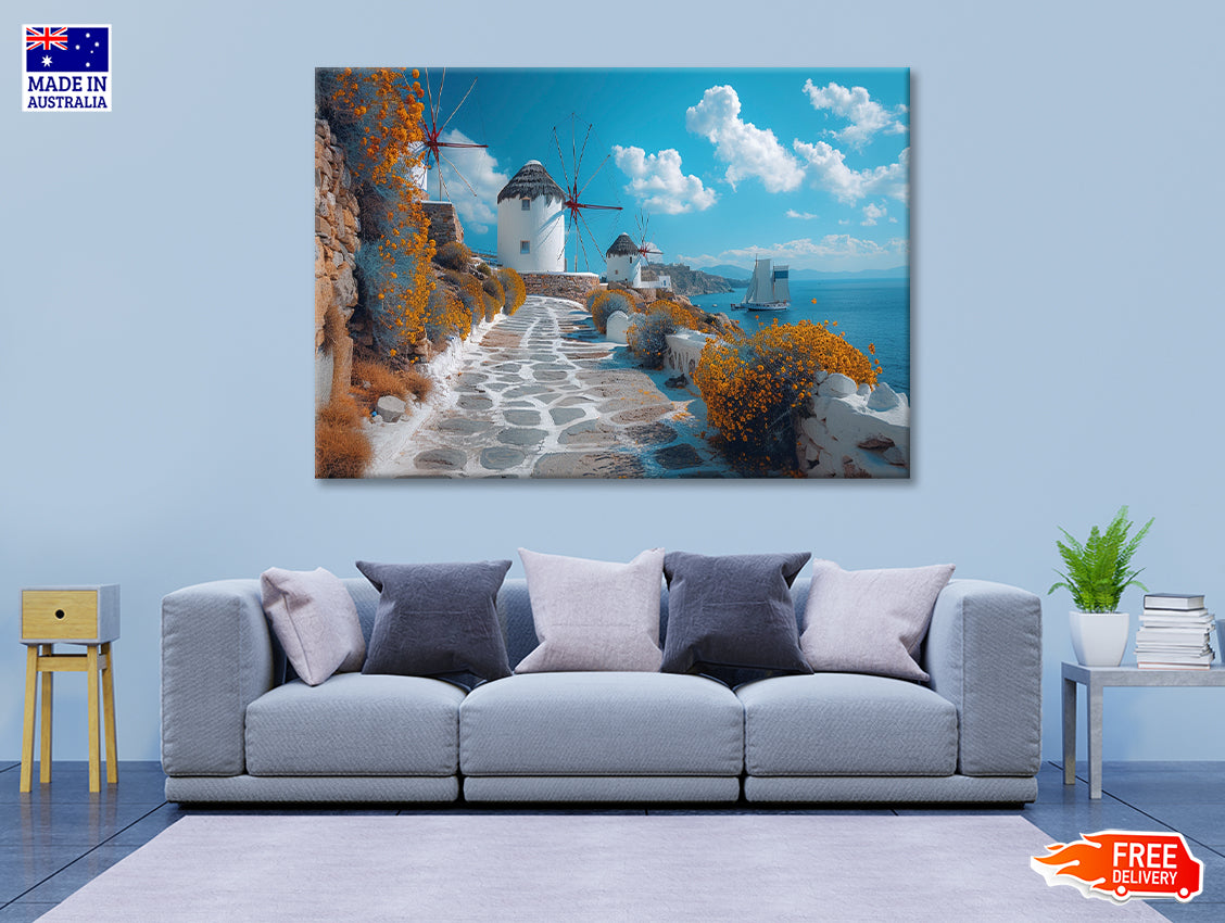 Path with a Boat & Buildings in Greece Print 100% Australian Made - Bella Home Decor