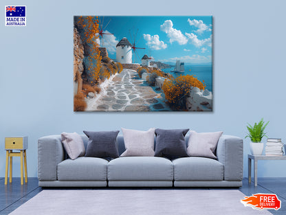 Path with a Boat & Buildings in Greece Print 100% Australian Made - Bella Home Decor