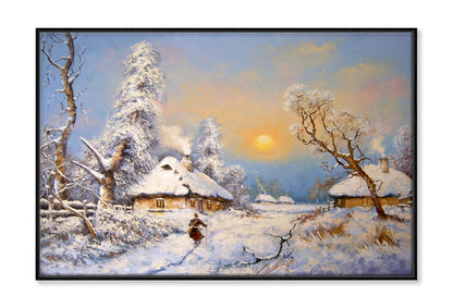 Winter in Village & Trees Sunset Sky Oil Painting Wall Art Limited Edition High Quality Print Canvas Box Framed Black