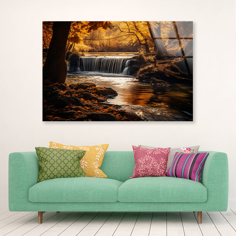 Beautiful autumn with Yellow Trees and Water Acrylic Glass Print Tempered Glass Wall Art 100% Made in Australia Ready to Hang - Bella Home Decor