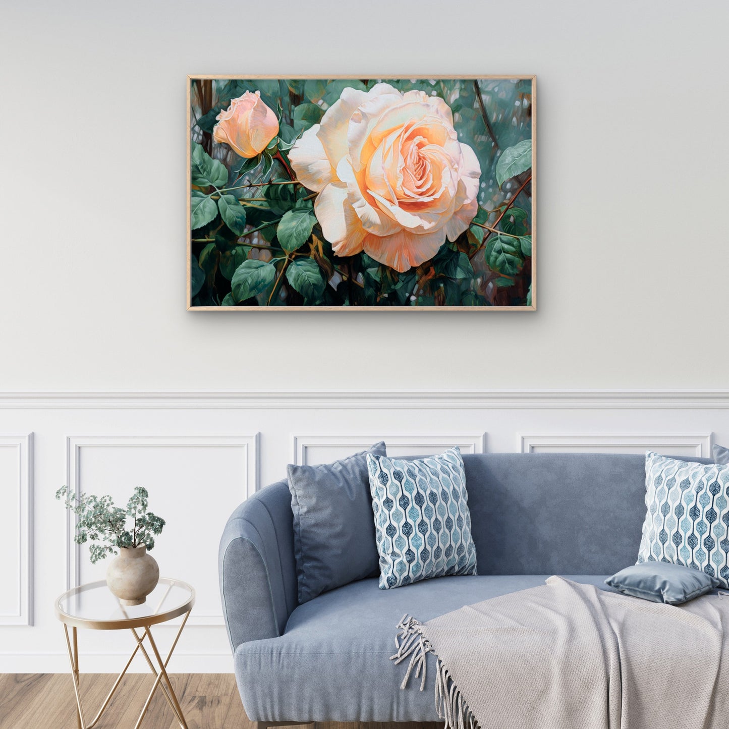 Creamy Apricot-Hued Rose in Full Bloom Oil Painting Wall Art Decor 100% Australian Made