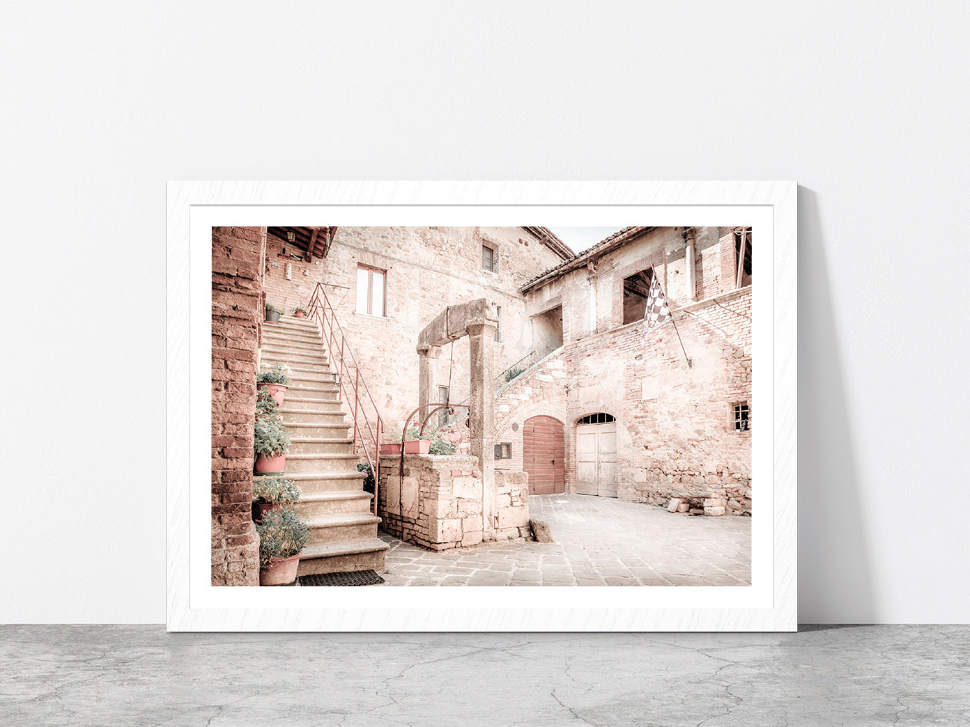 Antique Well San Quirico D'orcia Town Faded View Glass Framed Wall Art, Ready to Hang Quality Print With White Border White