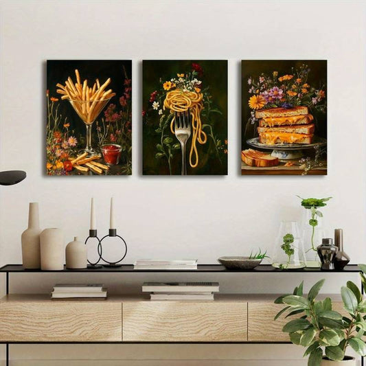 3pcs Still Life of Fries Ramen Grilled Cheese Plants Metal Print Ready to Hang Art