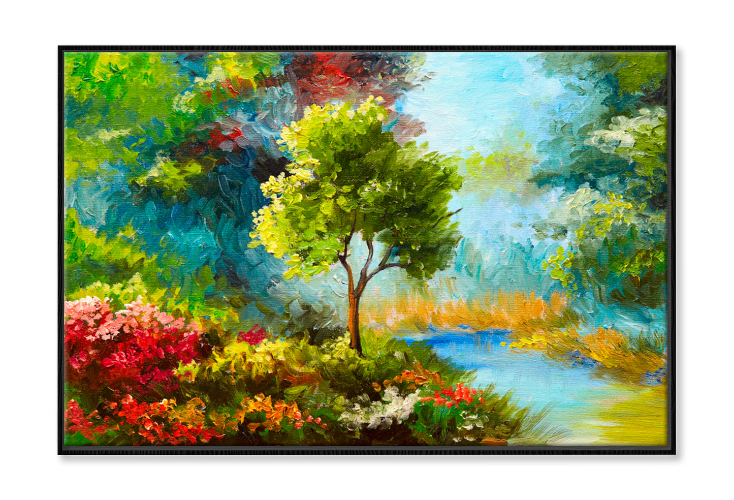 Flowers & Trees Near The River, Sunset Oil Painting Limited Edition High Quality Print Canvas Box Framed Black