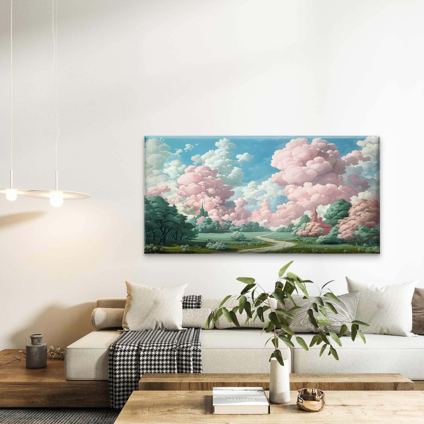 Pink Cloud Meadow Garden Path Wall Art Canvas Office Home Room Framed 120x60 cm - Bella Home Decor