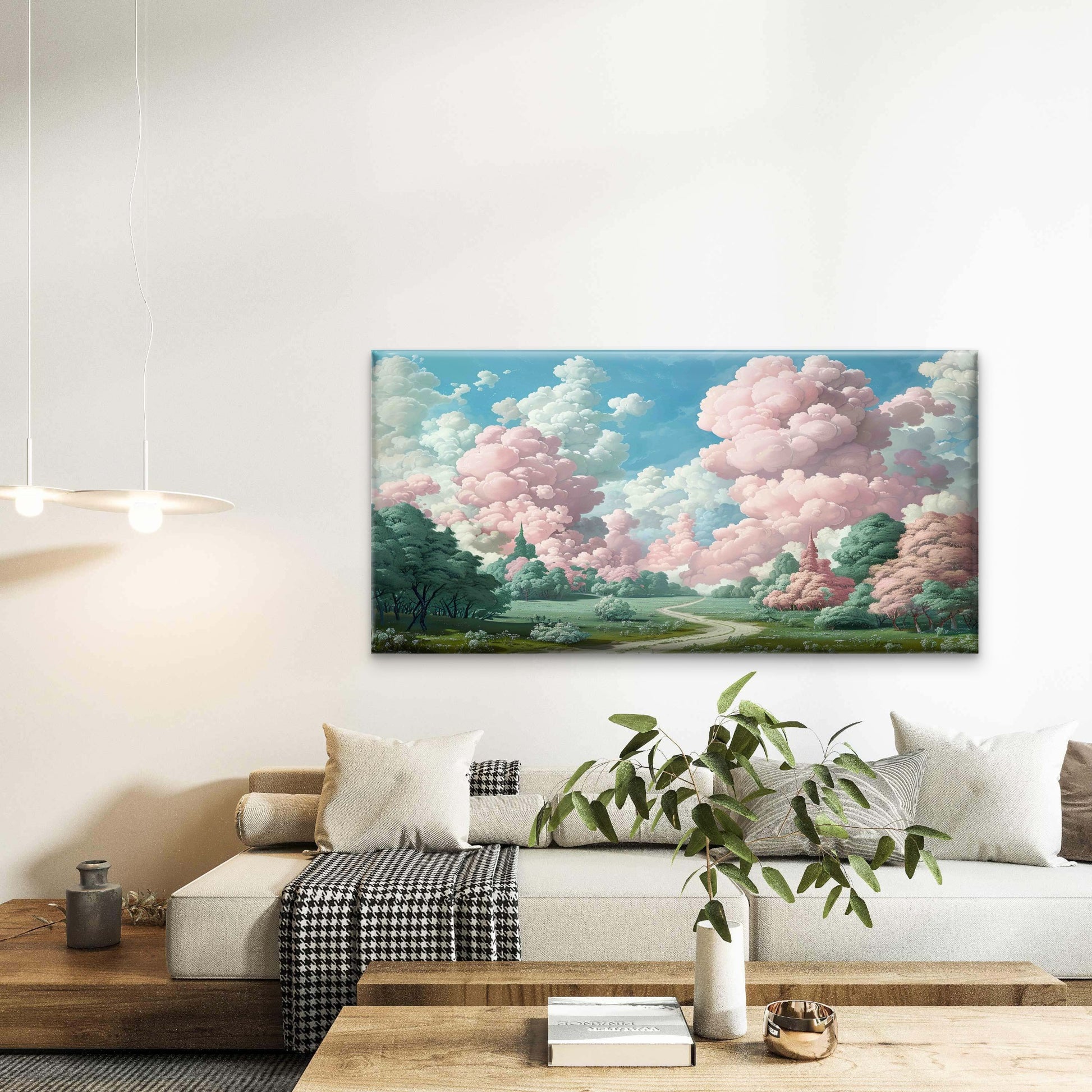 Pink Cloud Meadow Garden Path Wall Art Canvas Office Home Room Framed 120x60 cm - Bella Home Decor