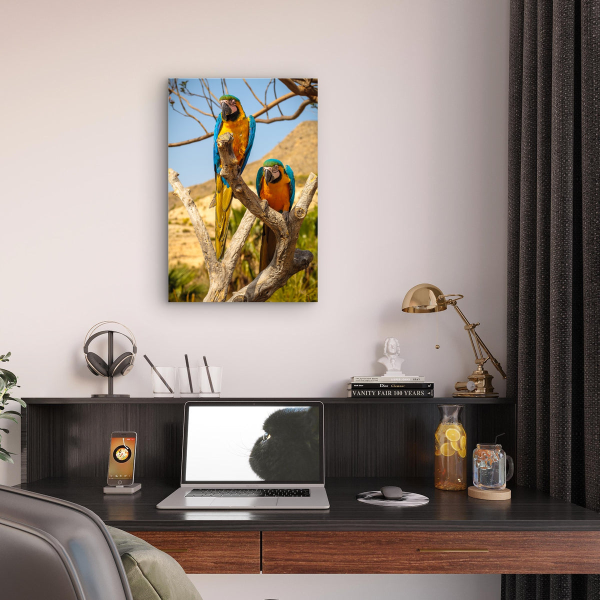 Blue and Yellow Macaw Parrots on Branch 40x60cm Metal Print Ready to Hang