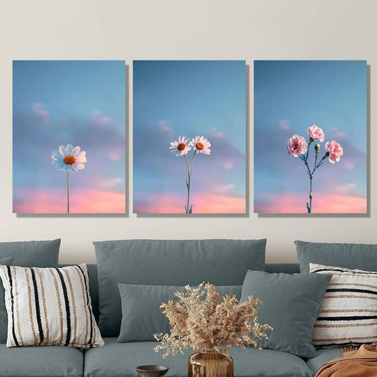 3pcs Red Daisies and Blue Sky Sunset Framed 50x70cm - High Quality Print 100% Australian Made Wall Canvas Ready to Hang