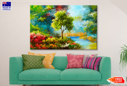 Flowers & Trees Near The River, Sunset Oil Painting Limited Edition High Quality Print