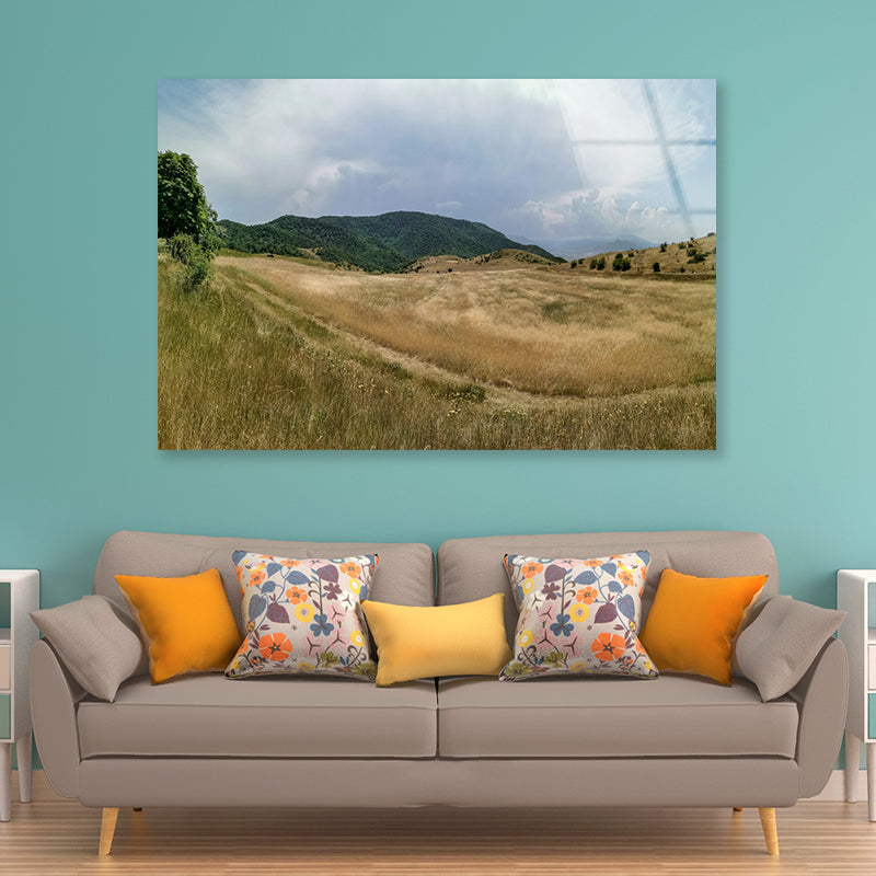 View Of a Grassy Field with Hills, Clear Sky & Clouds Acrylic Glass Print Tempered Glass Wall Art 100% Made in Australia Ready to Hang