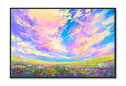 Colorful Flowers In Field Under Beautiful Clouds Oil Painting Wall Art Limited Edition High Quality Print Canvas Box Framed Black