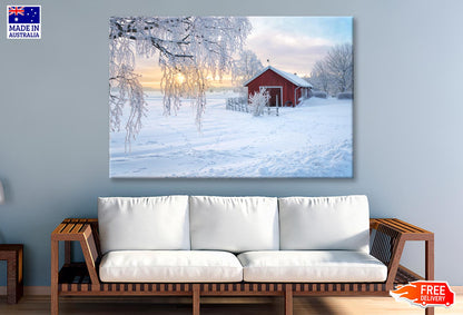 Winter View Of a Red Barn at Sunset in Rusko, Finland Wall Art Decor 100% Australian Made