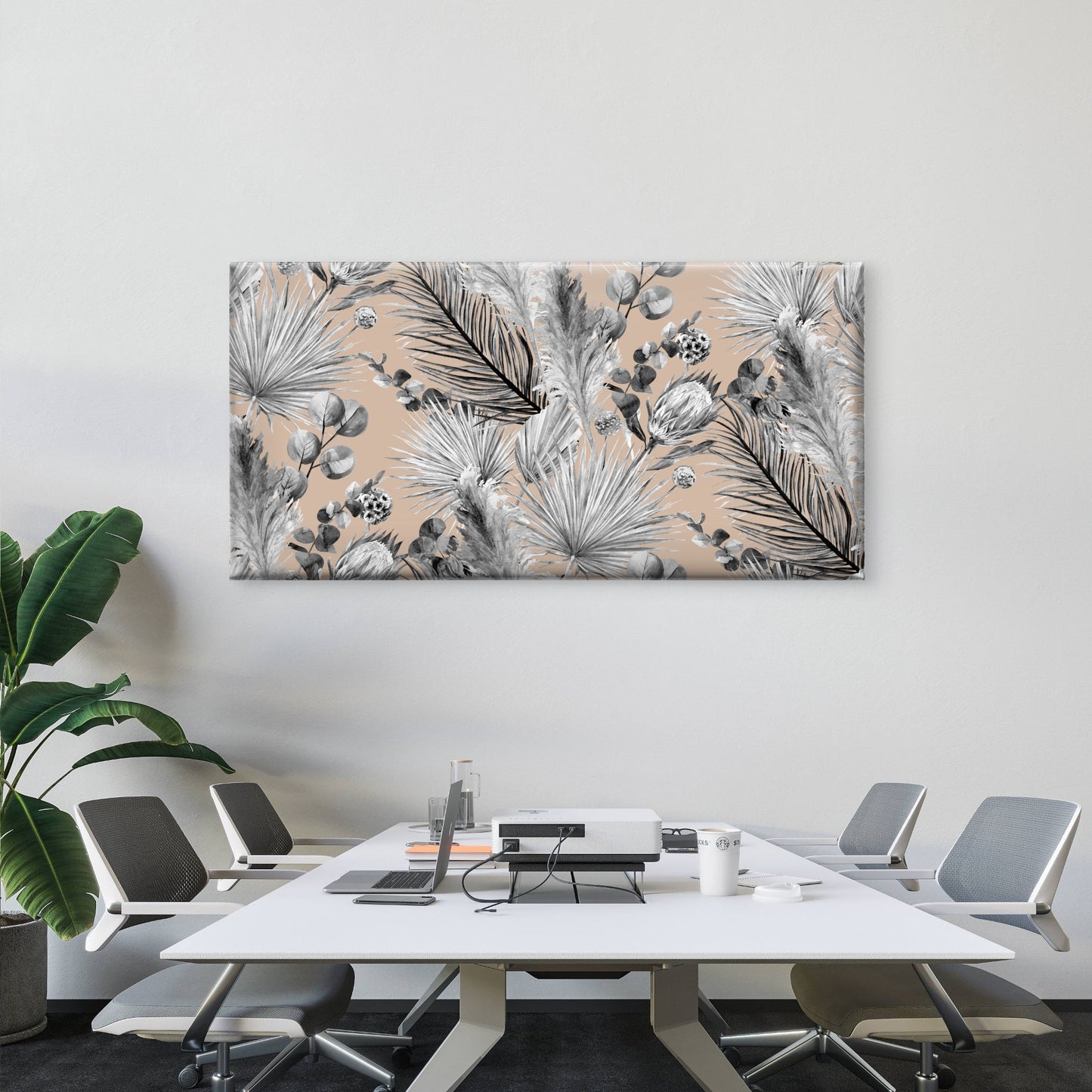 Black White Tropical Botanical Wall Art Canvas Office Home Room Framed 120x60cm