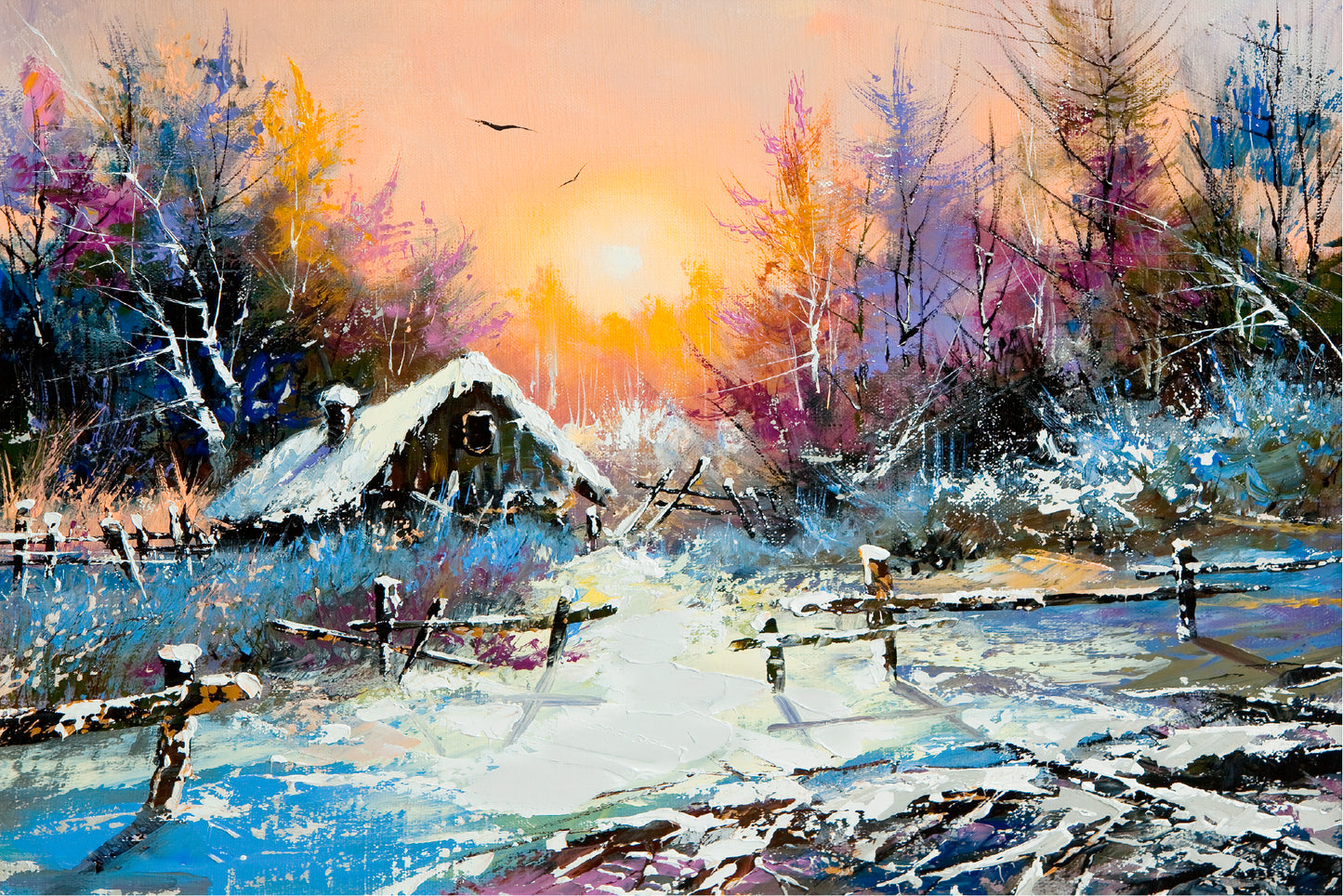 Rural Winter & Sunrise Landscape Painting Glass Framed Wall Art, Ready to Hang Quality Print