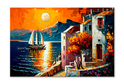 Seaside Cityscape With Ocean View Oil Painting Wall Art Limited Edition High Quality Print Stretched Canvas None