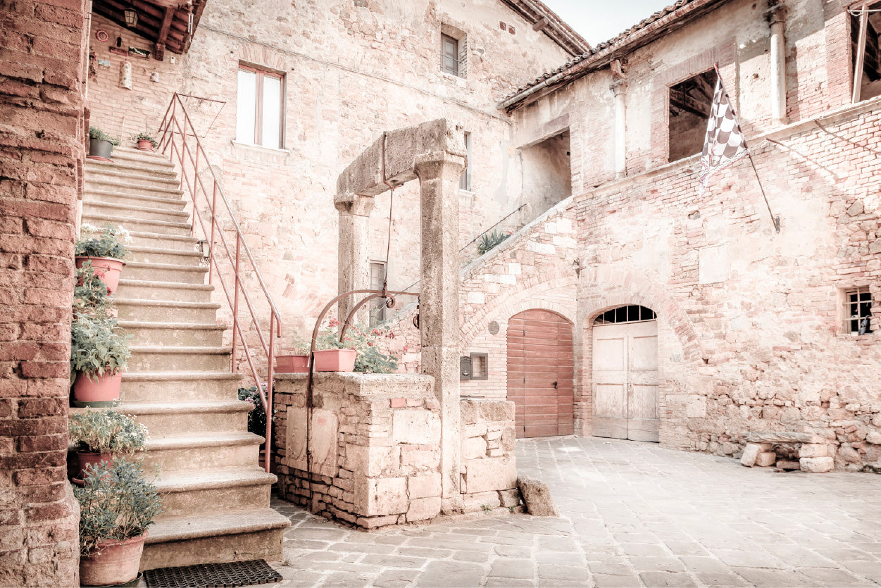 Antique Well San Quirico D'orcia Town Faded View Glass Framed Wall Art, Ready to Hang Quality Print