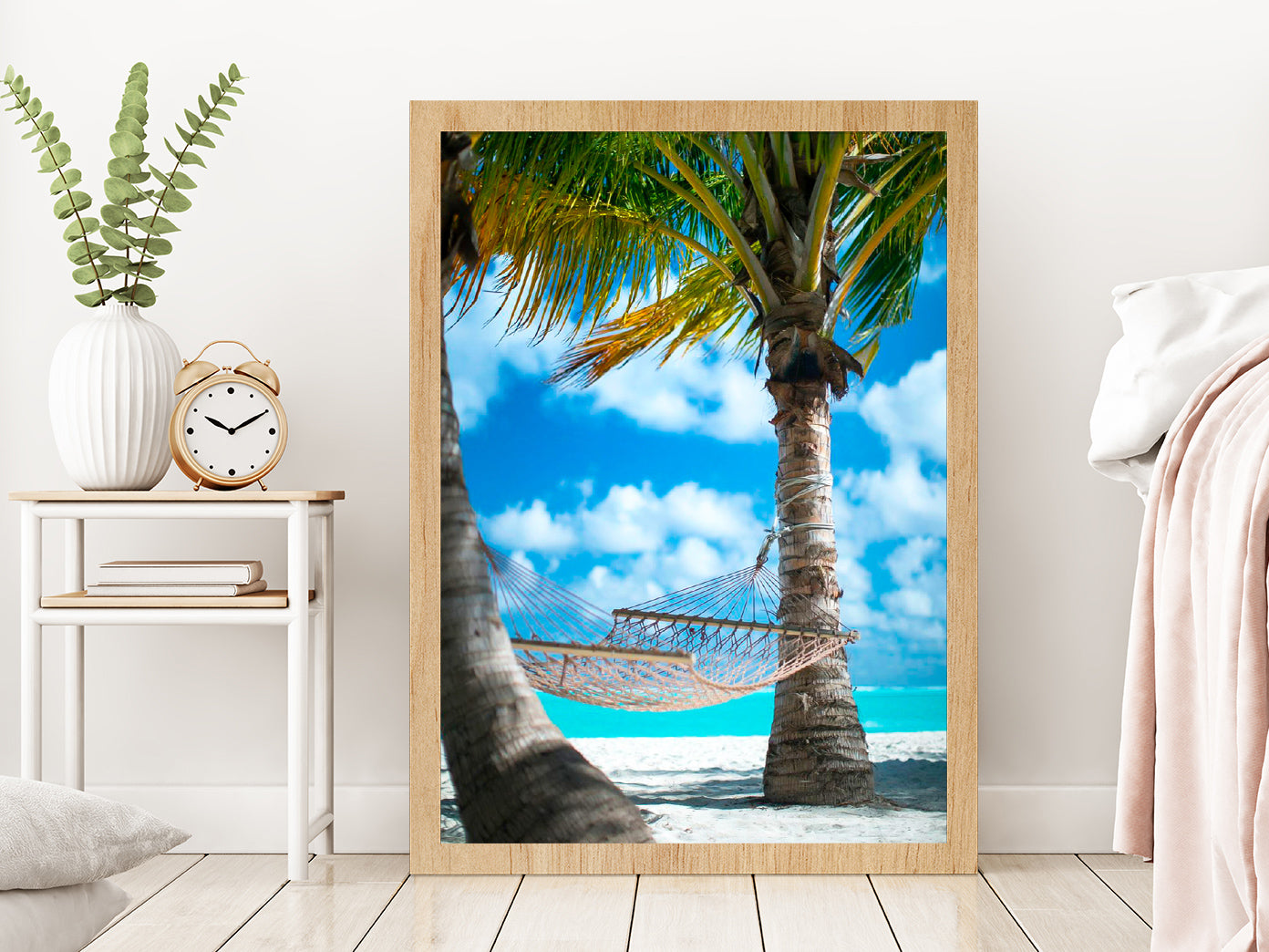 Hammock with Palm Trees Beach Photograph Glass Framed Wall Art, Ready to Hang Quality Print Without White Border Oak