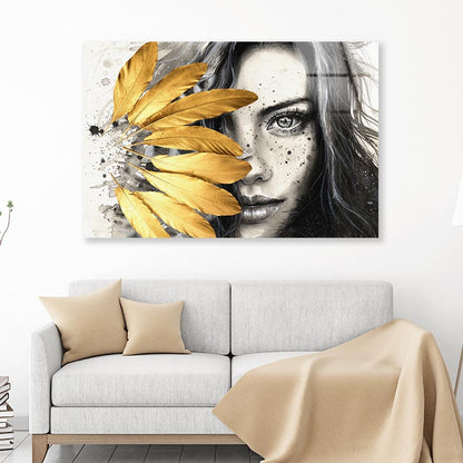 Gold Feathers Girl Acrylic Glass Print Tempered Glass Wall Art 100% Made in Australia Ready to Hang