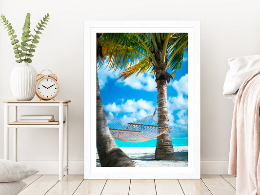 Hammock with Palm Trees Beach Photograph Glass Framed Wall Art, Ready to Hang Quality Print With White Border White