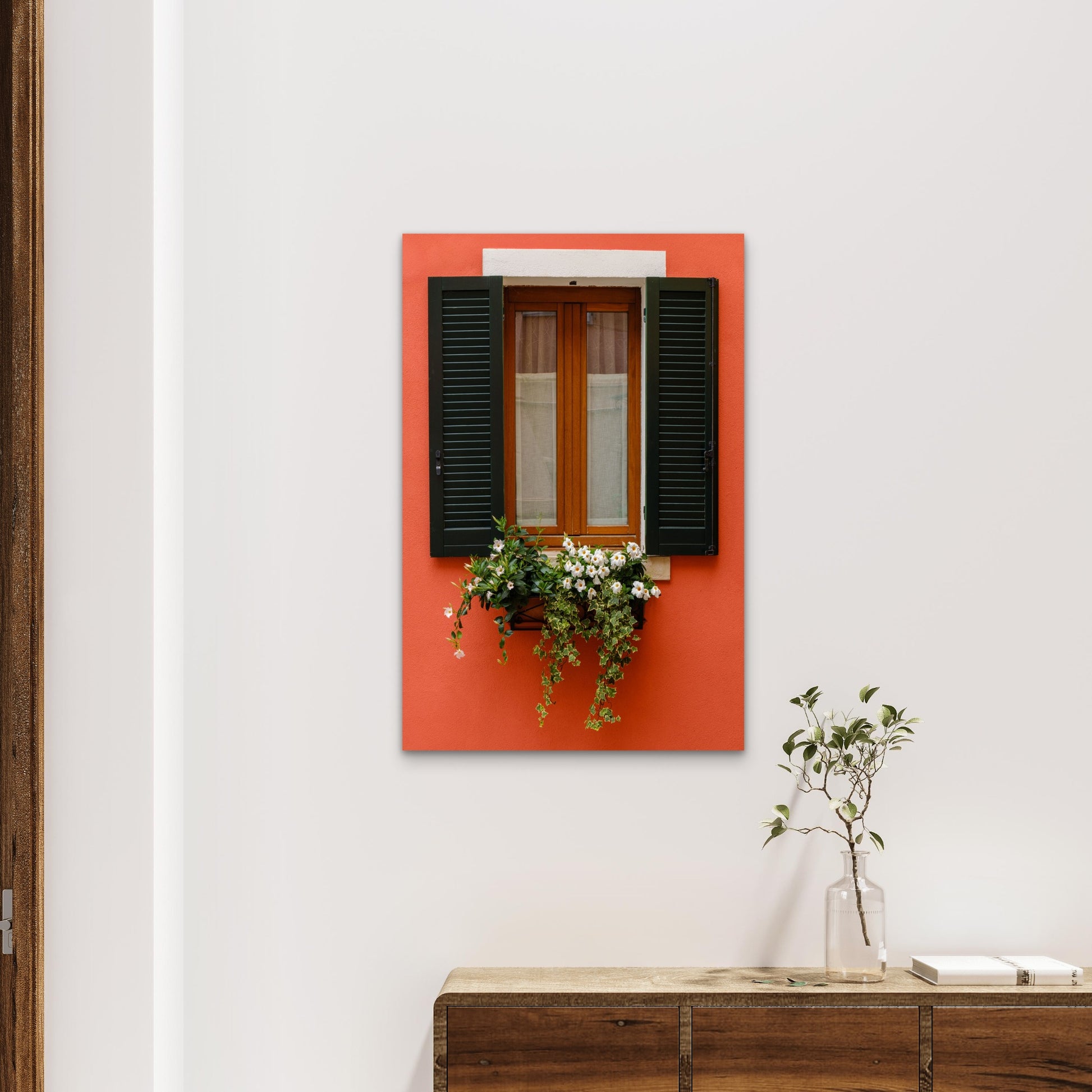 Red Wall Window Flower Box 40x60cm Metal Print Ready to Hang - Bella Home Decor
