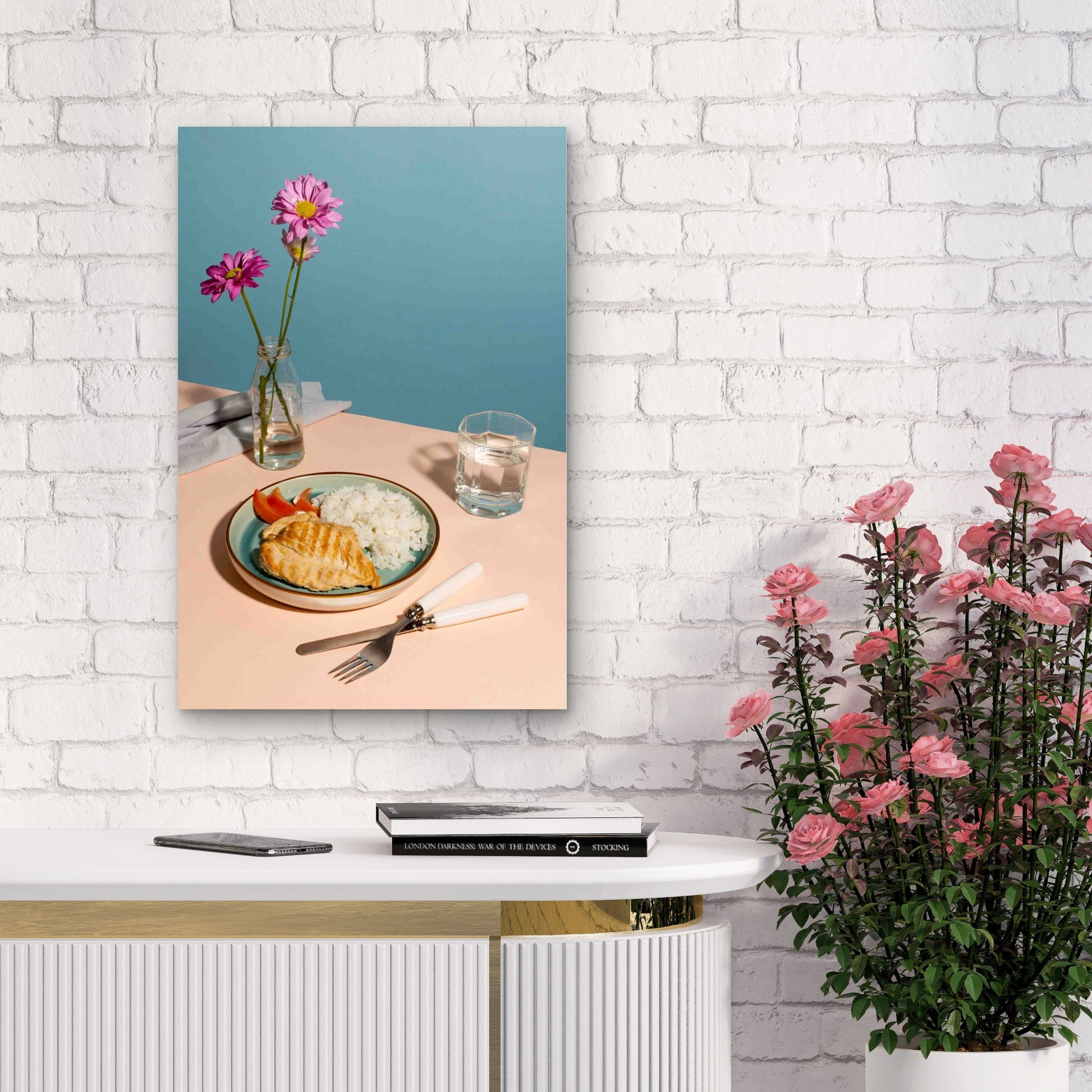Grilled Chicken Rice Table Meal 40x60cm Metal Print Ready to Hang - Bella Home Decor