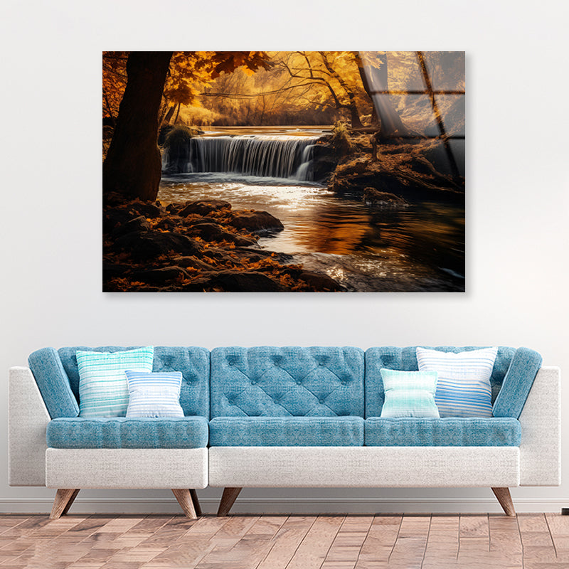 Beautiful autumn with Yellow Trees and Water Acrylic Glass Print Tempered Glass Wall Art 100% Made in Australia Ready to Hang - Bella Home Decor