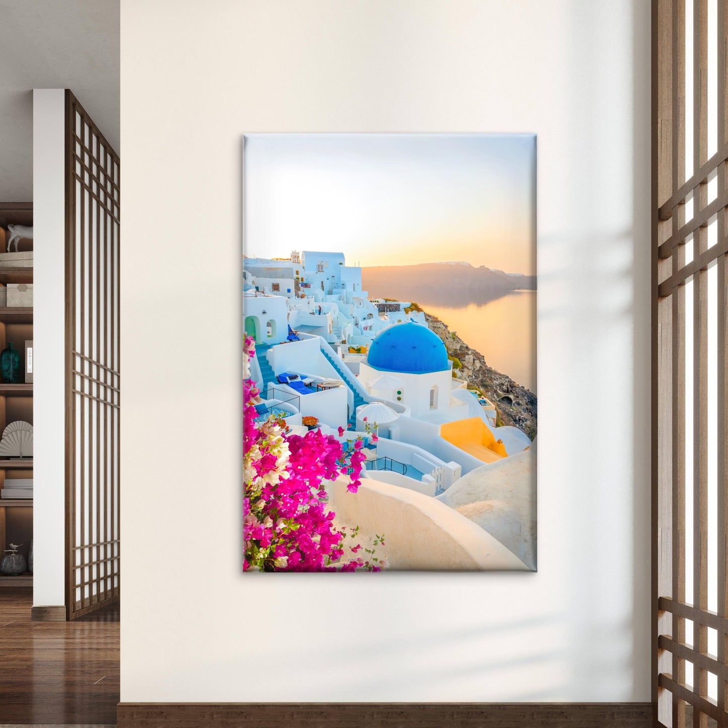 Church in Oia Santorini Sunset Bougainvillea Sunset Wall Art Decor 100% Australian Made
