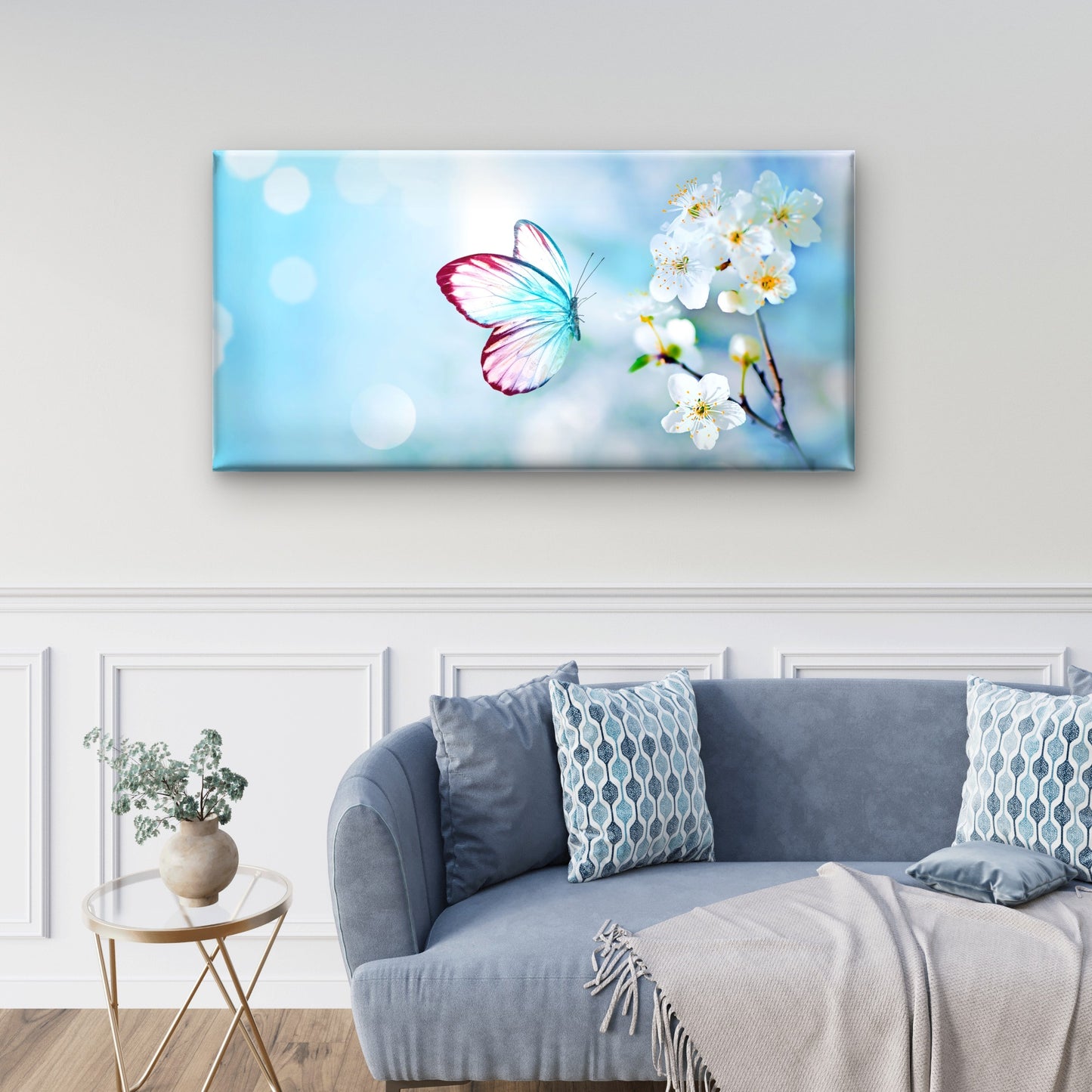Spring Butterfly Blue Blossom Wall Art Canvas Office Home Room Framed 120x60cm