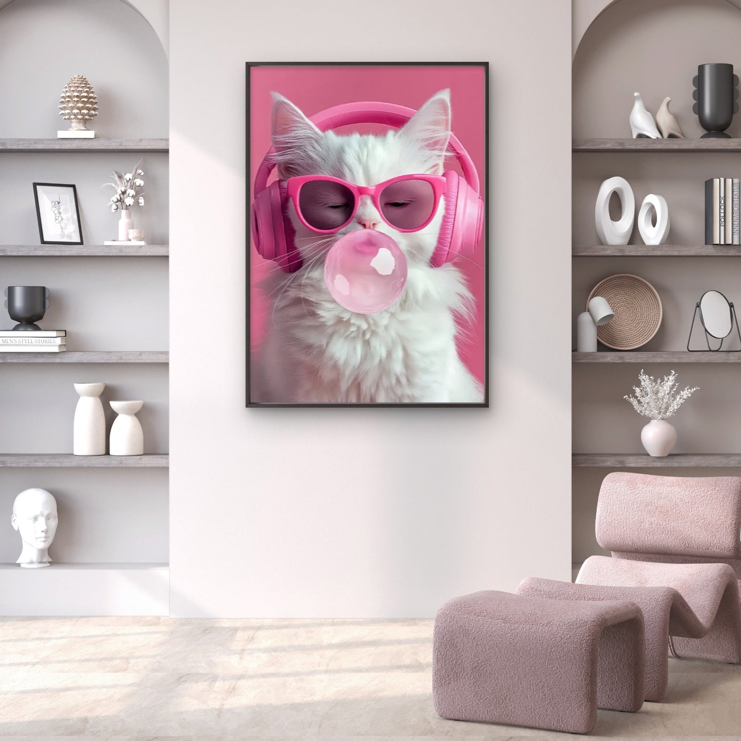 Adorable White Kitty Blowing Pink Bubble Gum Art Fashion Home Decor Premium Quality Poster Print Choose Your Sizes