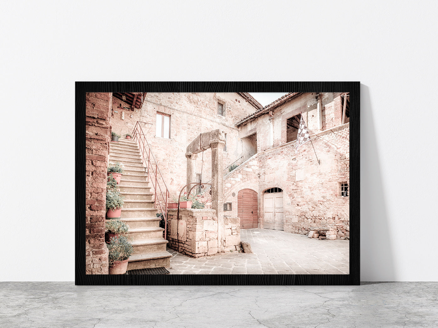 Antique Well San Quirico D'orcia Town Faded View Glass Framed Wall Art, Ready to Hang Quality Print Without White Border Black