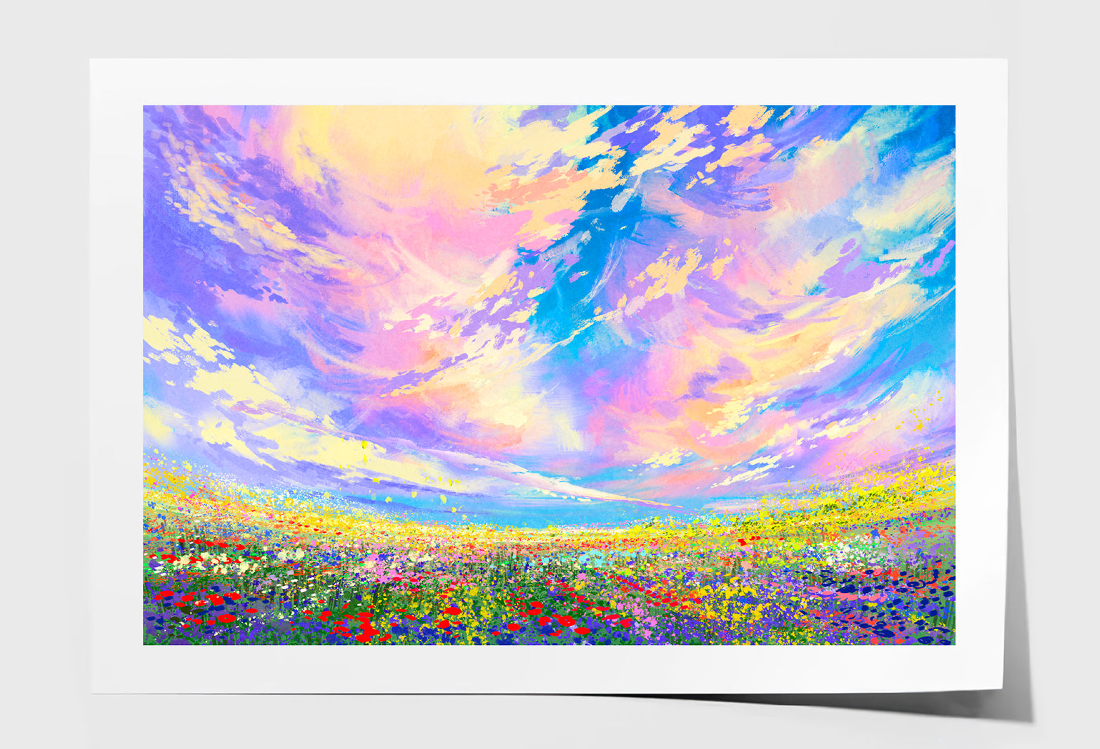 Colorful Flowers In Field Under Beautiful Clouds Oil Painting Wall Art Limited Edition High Quality Print Unframed Roll Canvas None