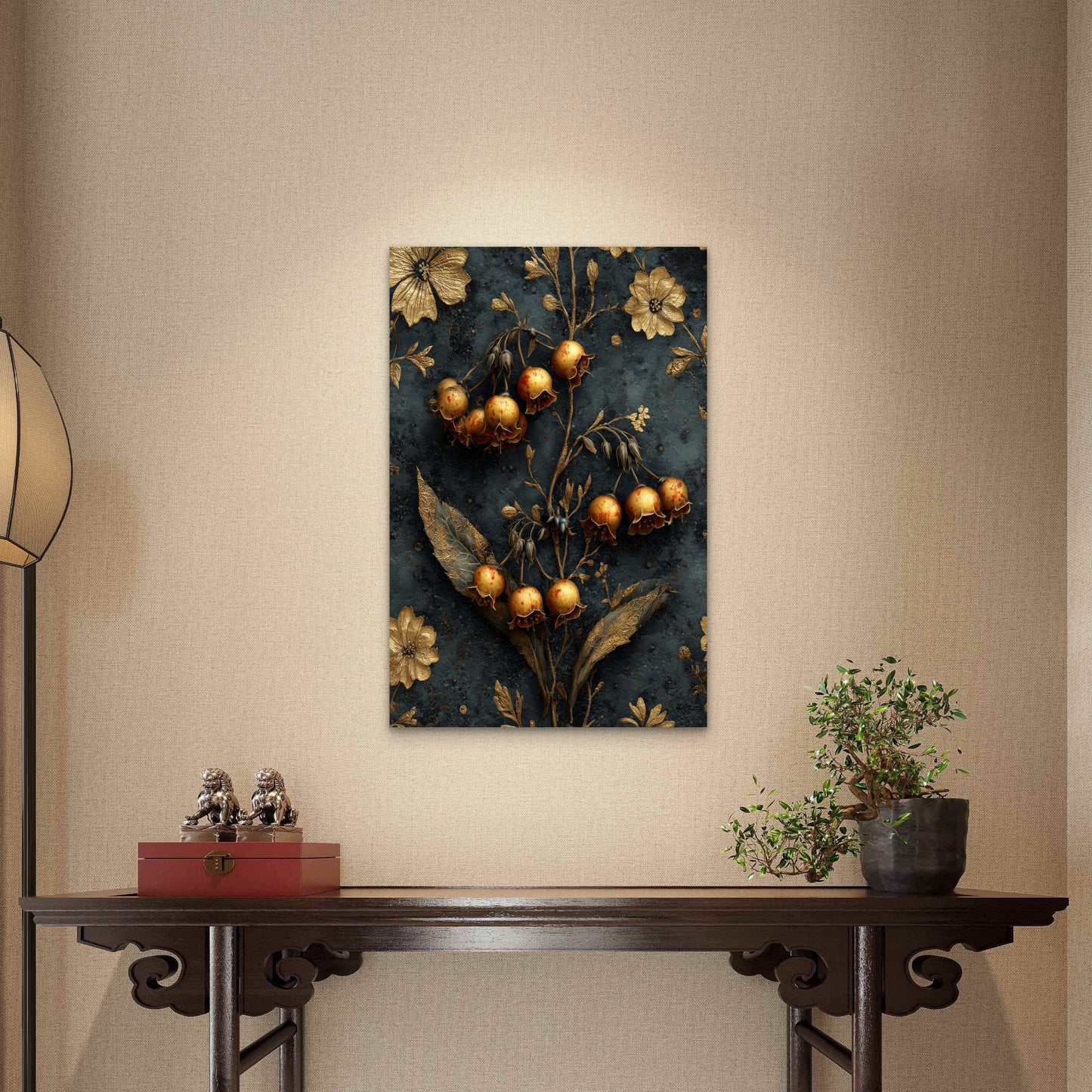 Gold Floral Lily Flower Botanical Dark 40x60cm Metal Print Ready to Hang