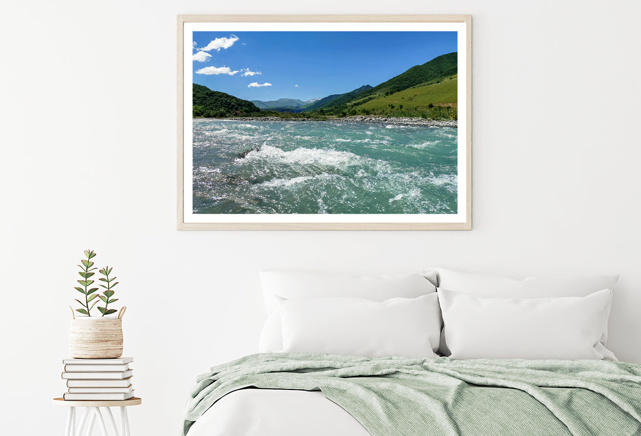 A River Flowing Through Green Hills with Mountains Home Decor Premium Quality Poster Print Choose Your Sizes