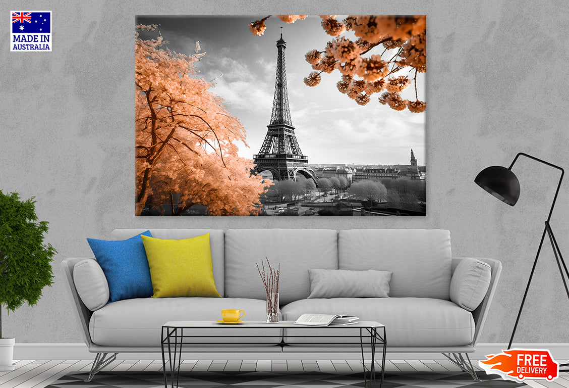 B&W Eiffel Tower Faded Flower Trees Print 100% Australian Made