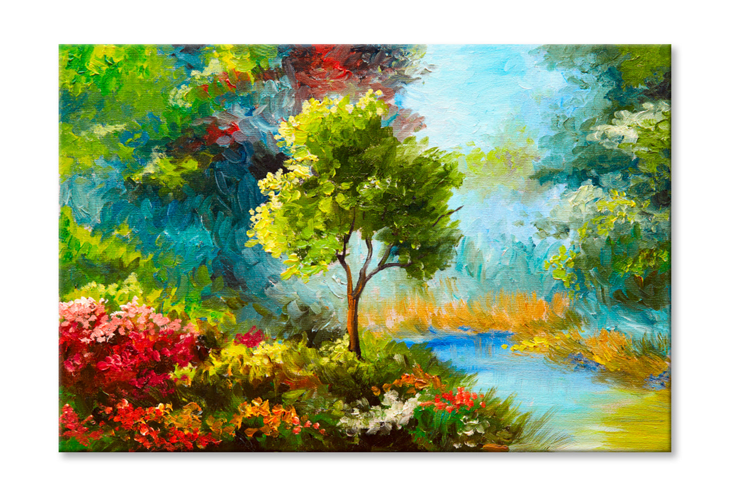 Flowers & Trees Near The River, Sunset Oil Painting Limited Edition High Quality Print Stretched Canvas None