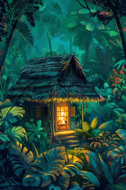 Rainforest Cottage Tropical Hut 40x60cm Metal Print Ready to Hang